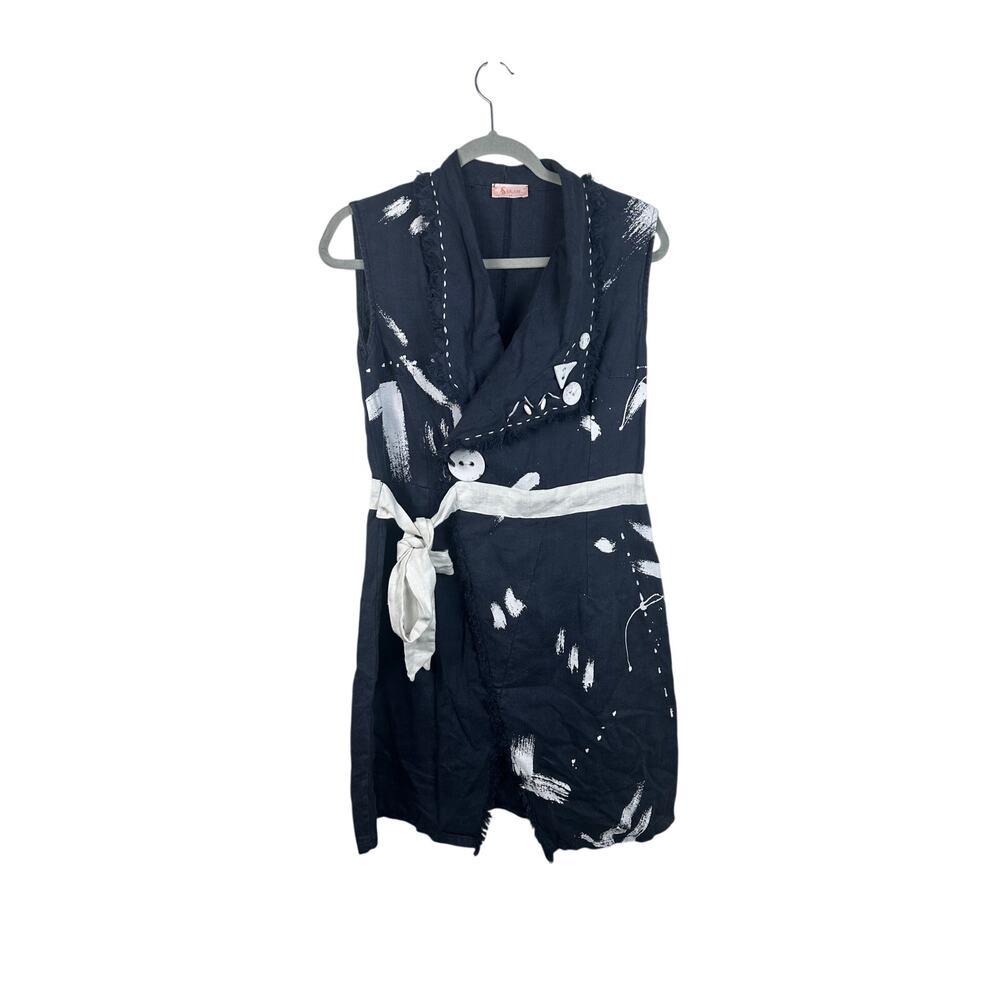 Salkim Linen Art To Wear Faux Wrap Dress Size 44/ Large GUC Paint Splatter